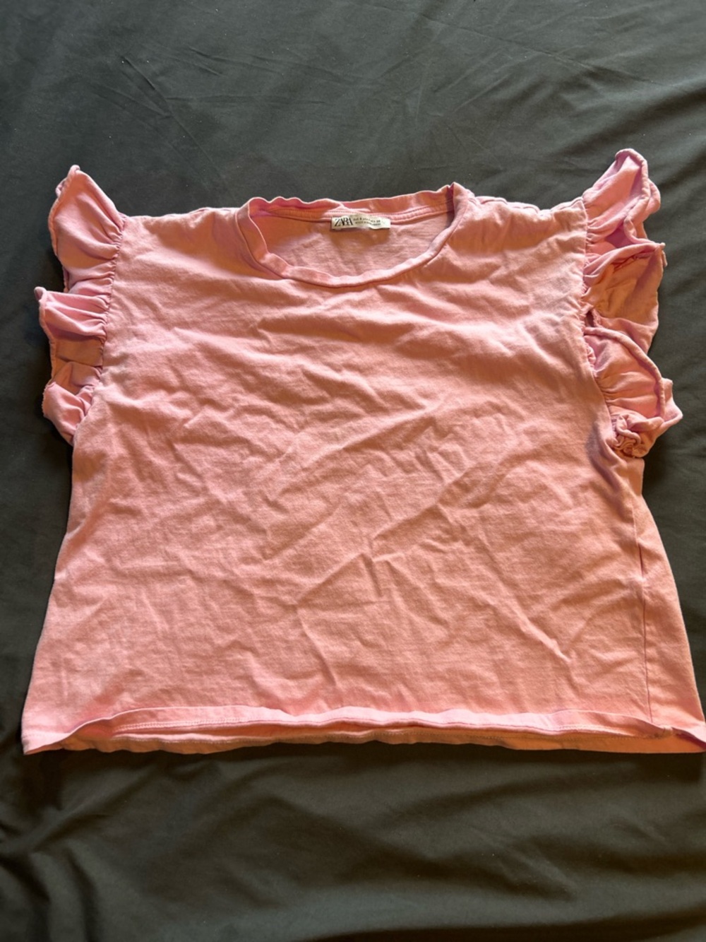 Zara Light Pink Crewneck Tee with Subtle Ruffle Detail